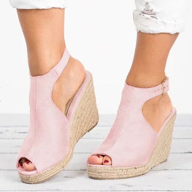 Suede Cork Wedge Ankle-Strap Sandals