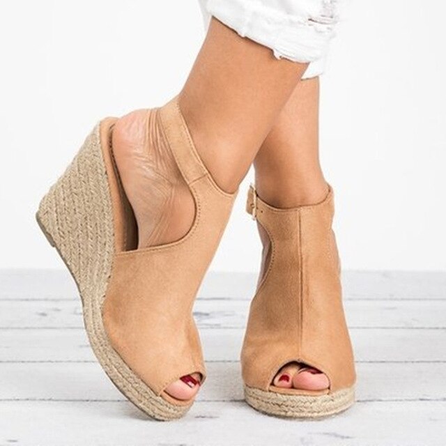 Suede Cork Wedge Ankle-Strap Sandals