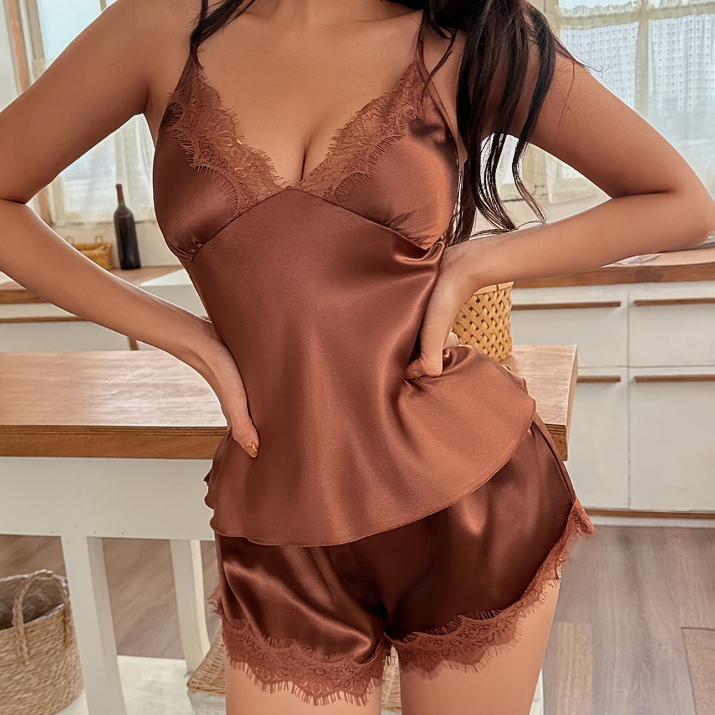 Lace Sleepwear Set Women's Silk-Style Cami Shorts V-Neck Sexy Satin Loungewear Summer Export