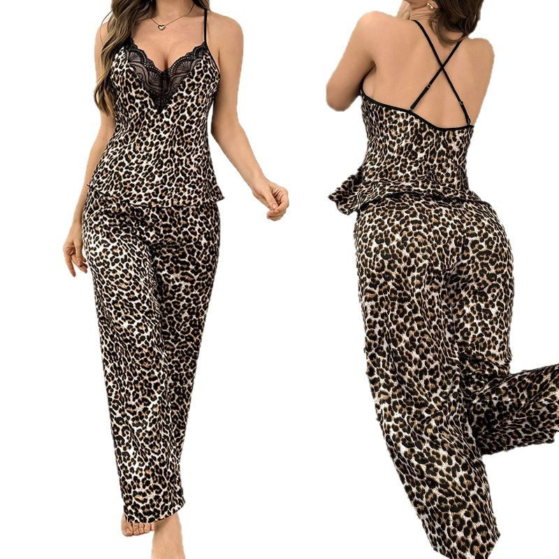 Sleepwear Set for Women Summer Leopard Print Satin-like Fabric  Lace  Sleeveless Cami Loungewear Women's Pajamas