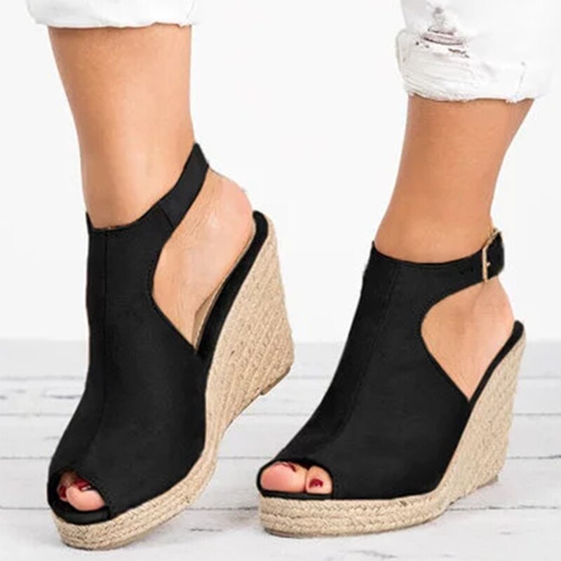Suede Cork Wedge Ankle-Strap Sandals