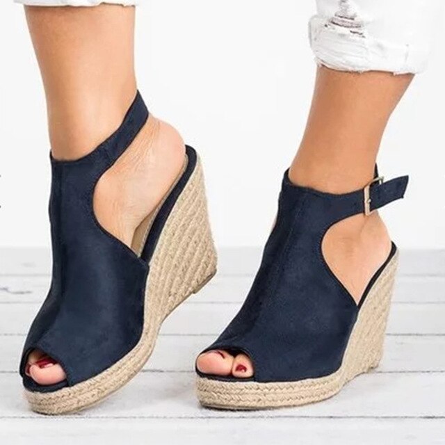 Suede Cork Wedge Ankle-Strap Sandals