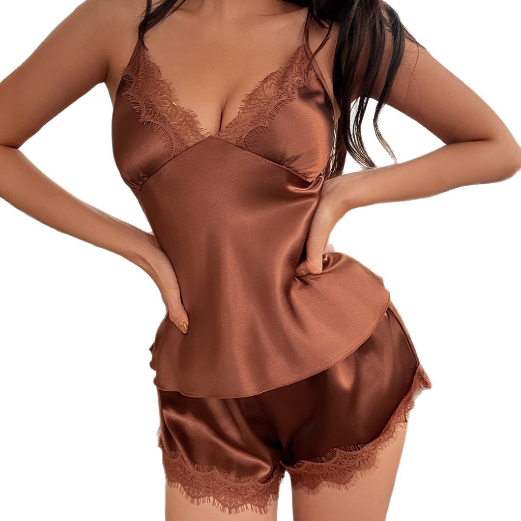 Lace Sleepwear Set Women's Silk-Style Cami Shorts V-Neck Sexy Satin Loungewear Summer Export