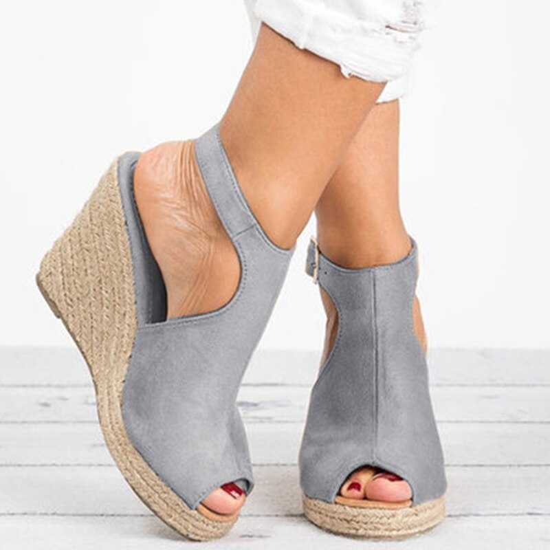 Suede Cork Wedge Ankle-Strap Sandals