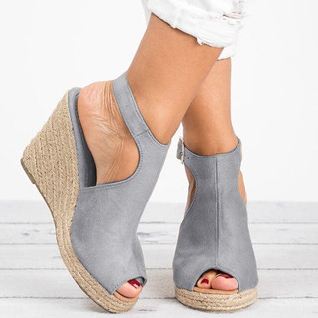Suede Cork Wedge Ankle-Strap Sandals