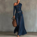 Asymmetrical Shoulder Belted Long Dress