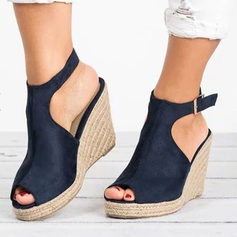 Suede Cork Wedge Ankle-Strap Sandals