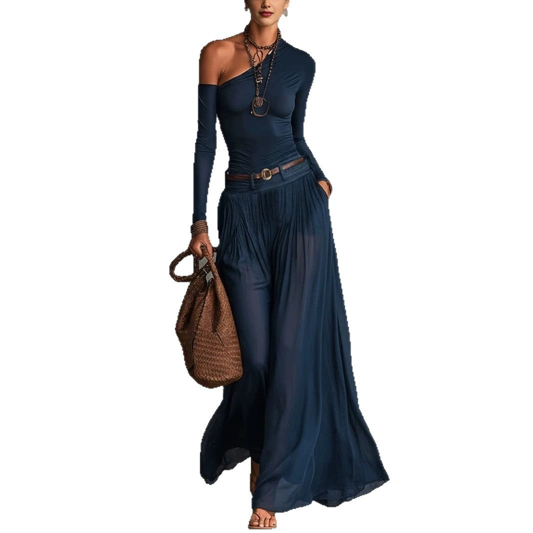 Asymmetrical Shoulder Belted Long Dress