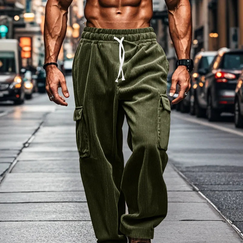 2024 new corduroy men's retro American loose tooling multi-pocket straight casual trousers