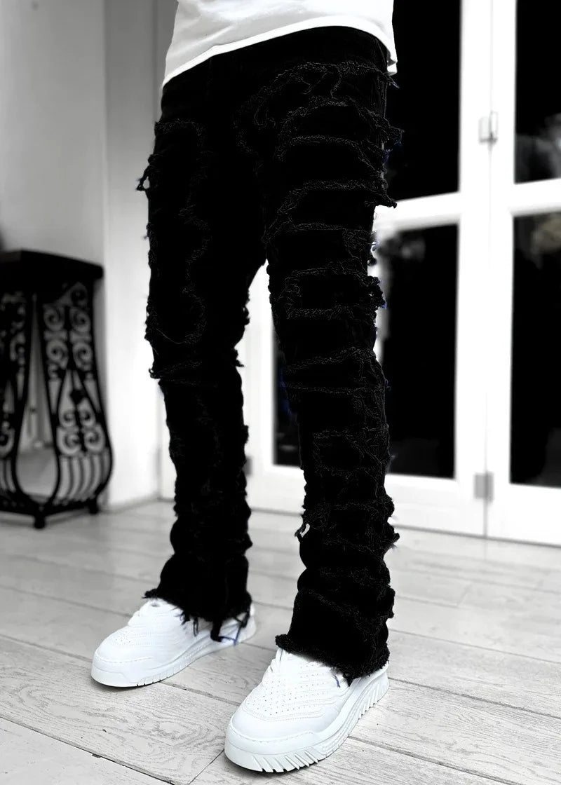 Punk Street Style Ripped Skinny Jeans Men Vintage Wash Solid Denim Trouser Mens Casual Slim Fit Pencil Denim Holes Pants 2024