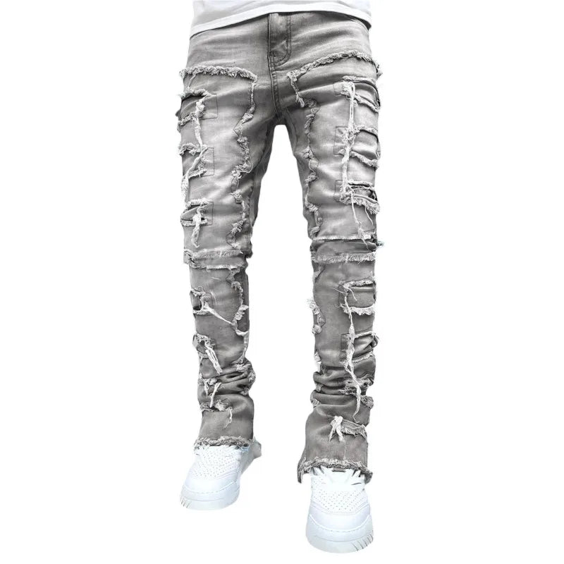 Punk Street Style Ripped Skinny Jeans Men Vintage Wash Solid Denim Trouser Mens Casual Slim Fit Pencil Denim Holes Pants 2024