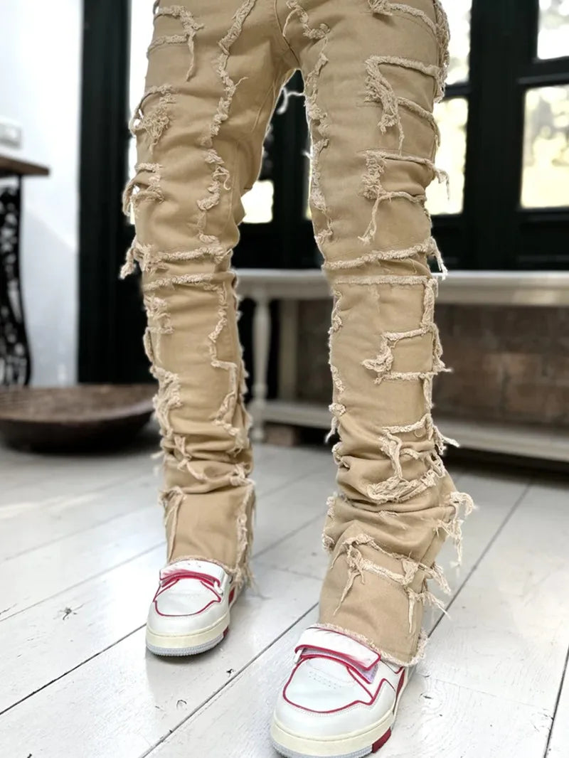 Punk Street Style Ripped Skinny Jeans Men Vintage Wash Solid Denim Trouser Mens Casual Slim Fit Pencil Denim Holes Pants 2024