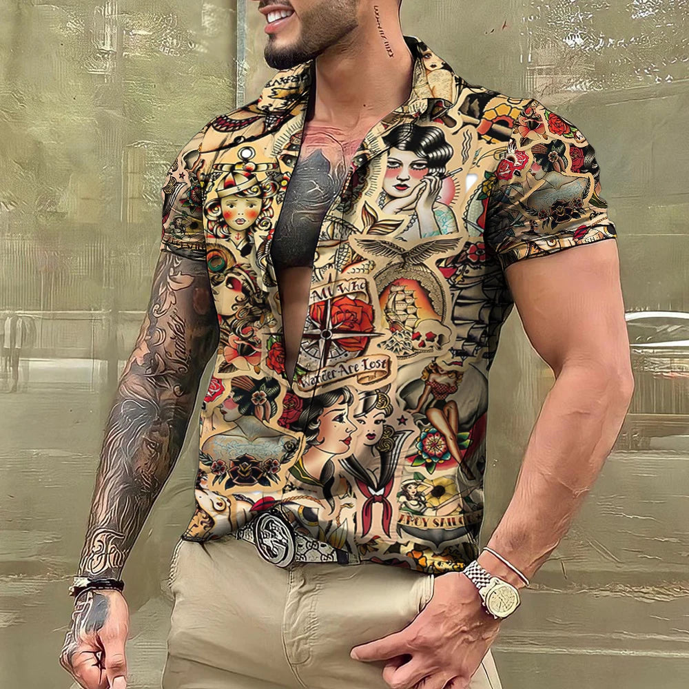 Summer Tattoo Shirt Hawaiian Shirts For Men Brand Short Sleeve Tops Tees Casual Men's Blouse Fashion Camisas De Hombre Clothing