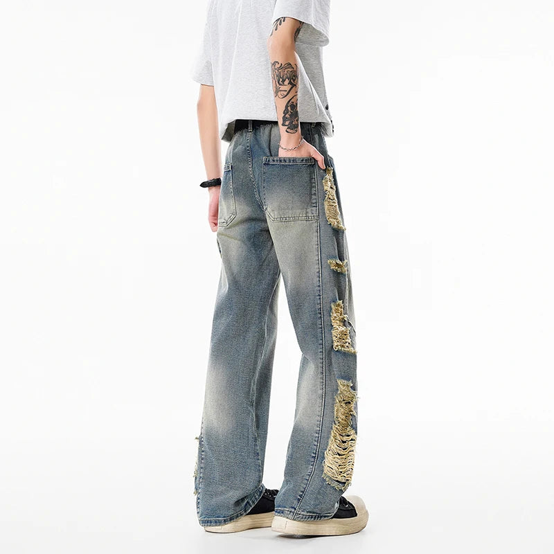 Men's Jeans Vintage Wash Distressed Ripped Jeans Loose Straight Leg Pants Elastic Waist Streetwear Destroyed Side Fringe Details