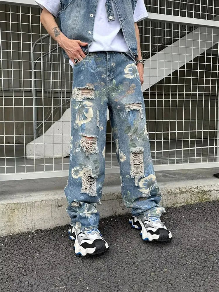 2024 Ropa Y2K Streetwear Flowers Print Ripped Baggy Jeans Pants Men Design Clothes Straight Grunge Denim Trousers Pantalon Homme