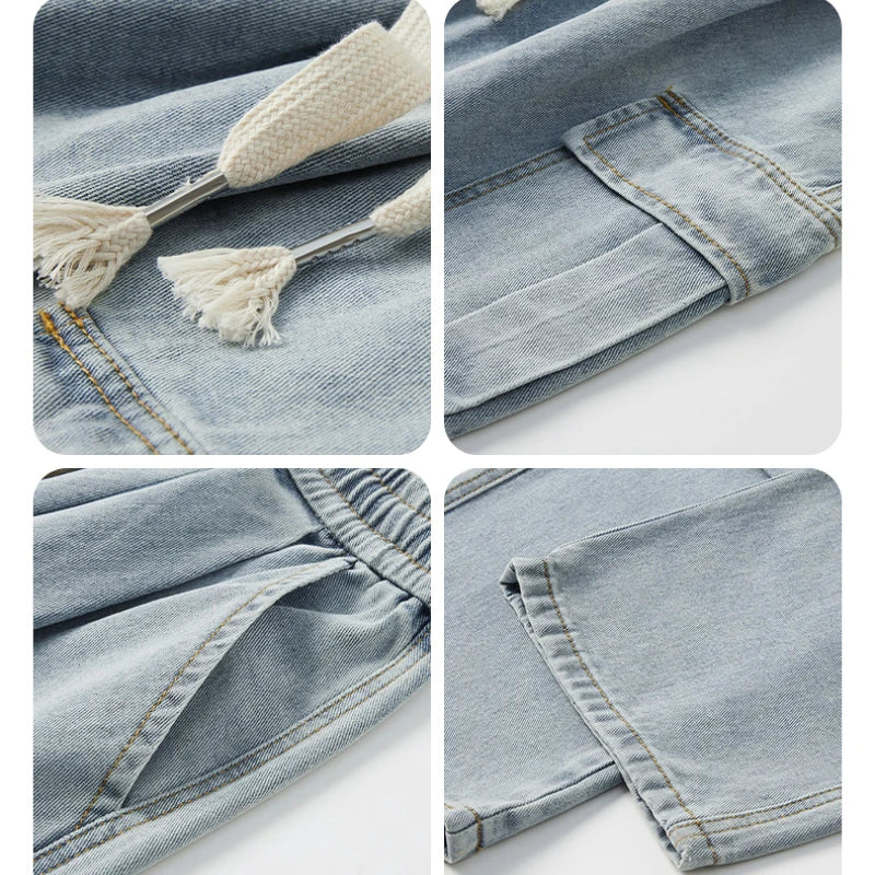 Large Pocket Baggy Solid Jeans Men's 2026 New Spring Classic Straight Denim Trousers Street Y2K Elastic Waist Casual Cargo Pants