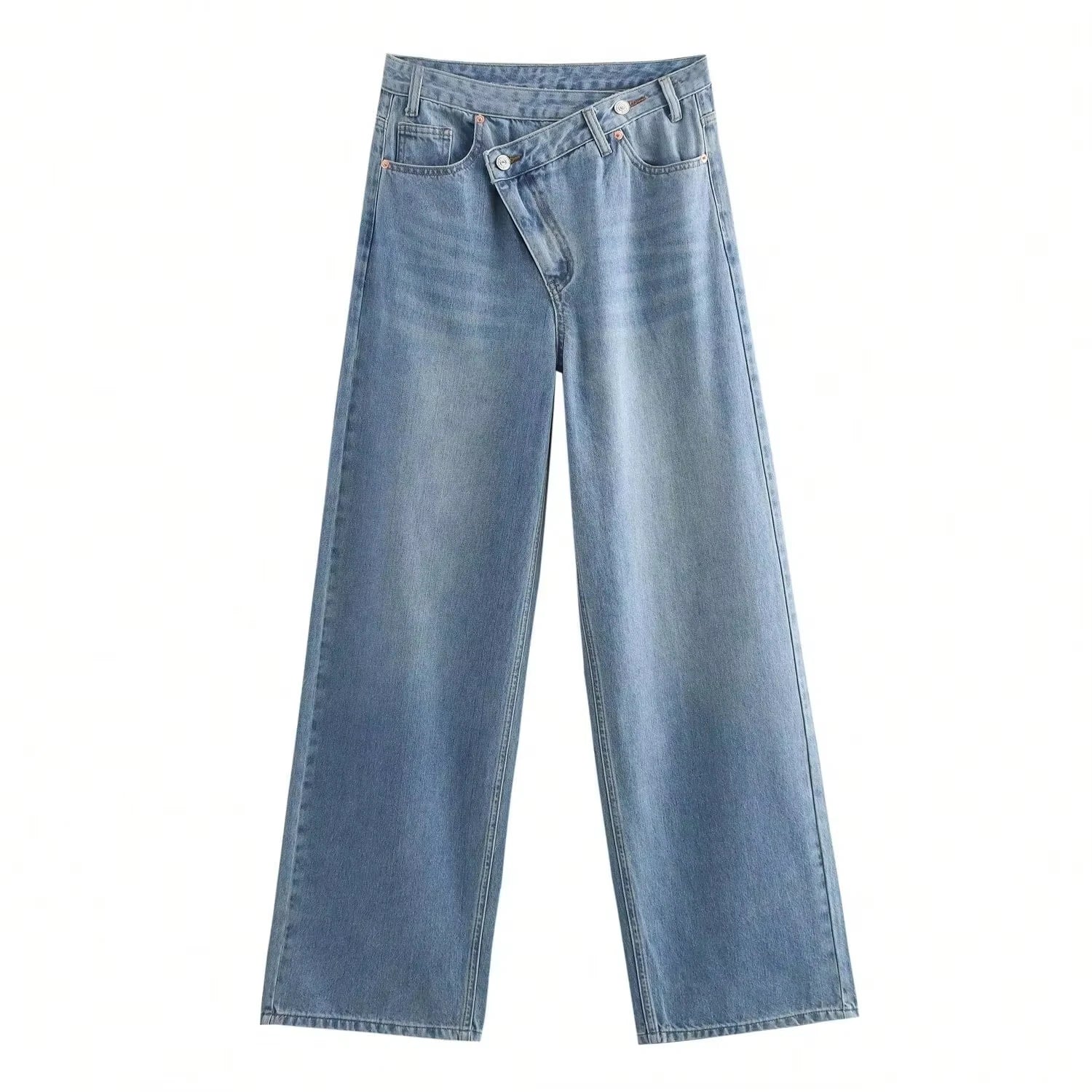 HH Women Elegant Fashion Straight Jeans Vintage Casual High Waist Wide Leg Denim Pants Y2K High Street Lady Trousers Blue Jeans
