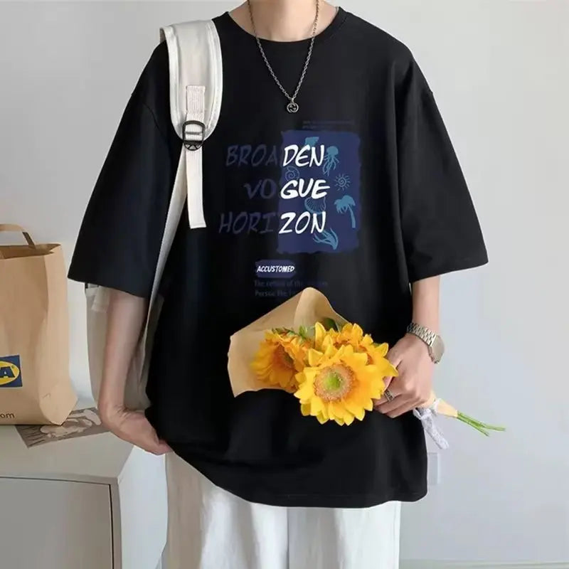 Men's T Shirt Summer Casual Short Sleeve T-Shirts Streetwear Oversized Loose Crew Neck Half Sleeve Tops Trendy Basic Tee