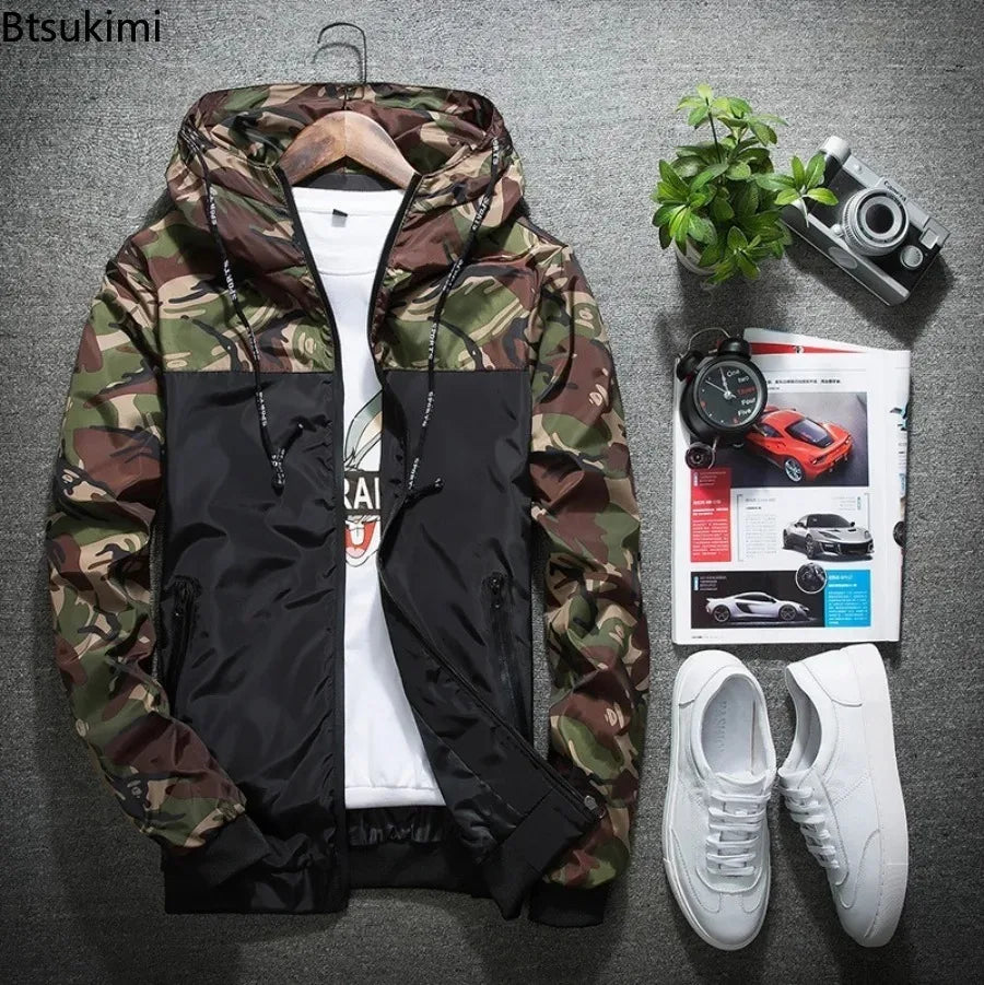 New Men's Camouflage Hooded Jacket Coat Fashion Patchwork Loose Casual Thin Coats Outdoor Windproof Hoodies Sport Jacket for Men