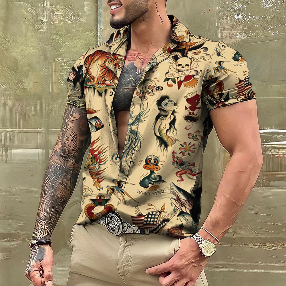 Summer Tattoo Shirt Hawaiian Shirts For Men Brand Short Sleeve Tops Tees Casual Men's Blouse Fashion Camisas De Hombre Clothing