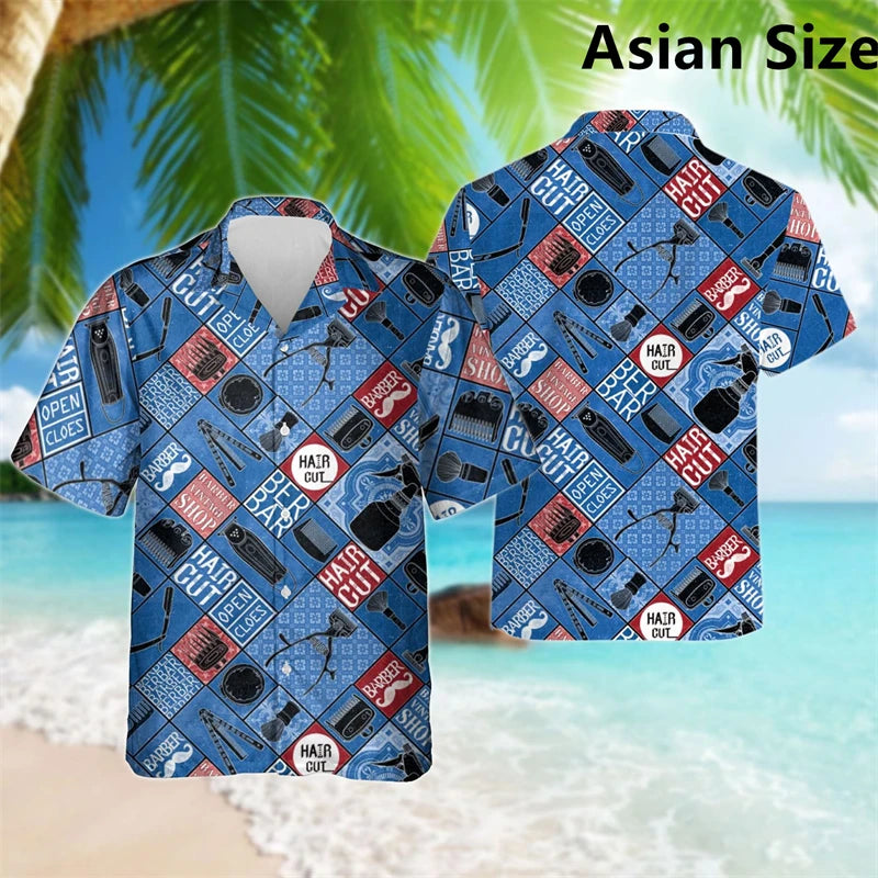 Simple Fashion Barber Graphic Shirts Summer Trend Short Sleeve 3D Print Lapel Workwear Shirt Casual Breathable Loose Unisex Tops
