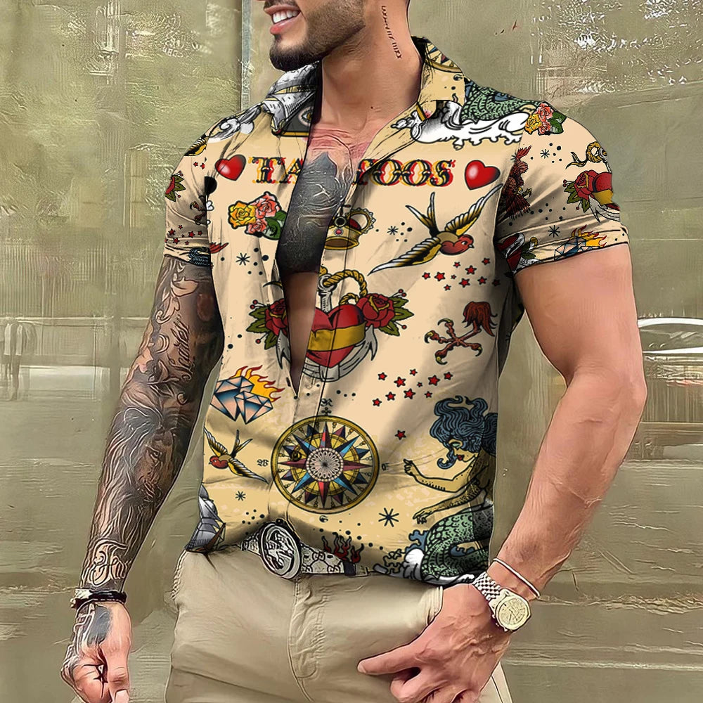 Summer Tattoo Shirt Hawaiian Shirts For Men Brand Short Sleeve Tops Tees Casual Men's Blouse Fashion Camisas De Hombre Clothing