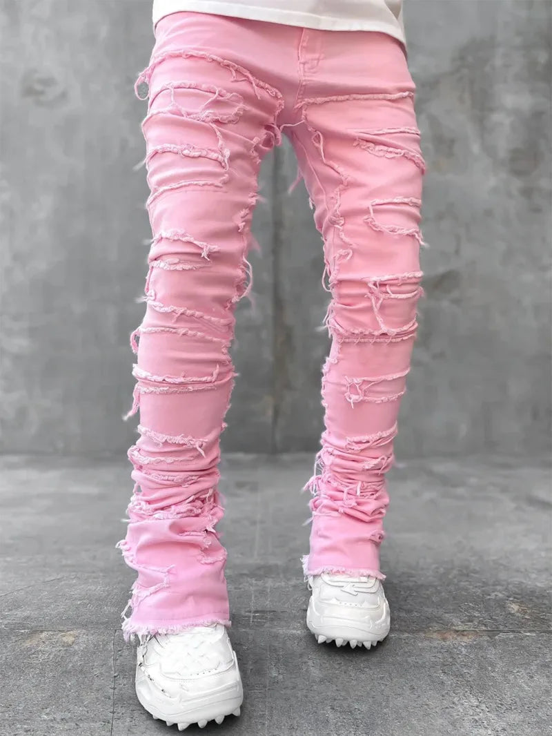 Punk Street Style Ripped Skinny Jeans Men Vintage Wash Solid Denim Trouser Mens Casual Slim Fit Pencil Denim Holes Pants 2024