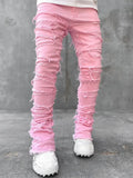 Punk Street Style Ripped Skinny Jeans Men Vintage Wash Solid Denim Trouser Mens Casual Slim Fit Pencil Denim Holes Pants 2024