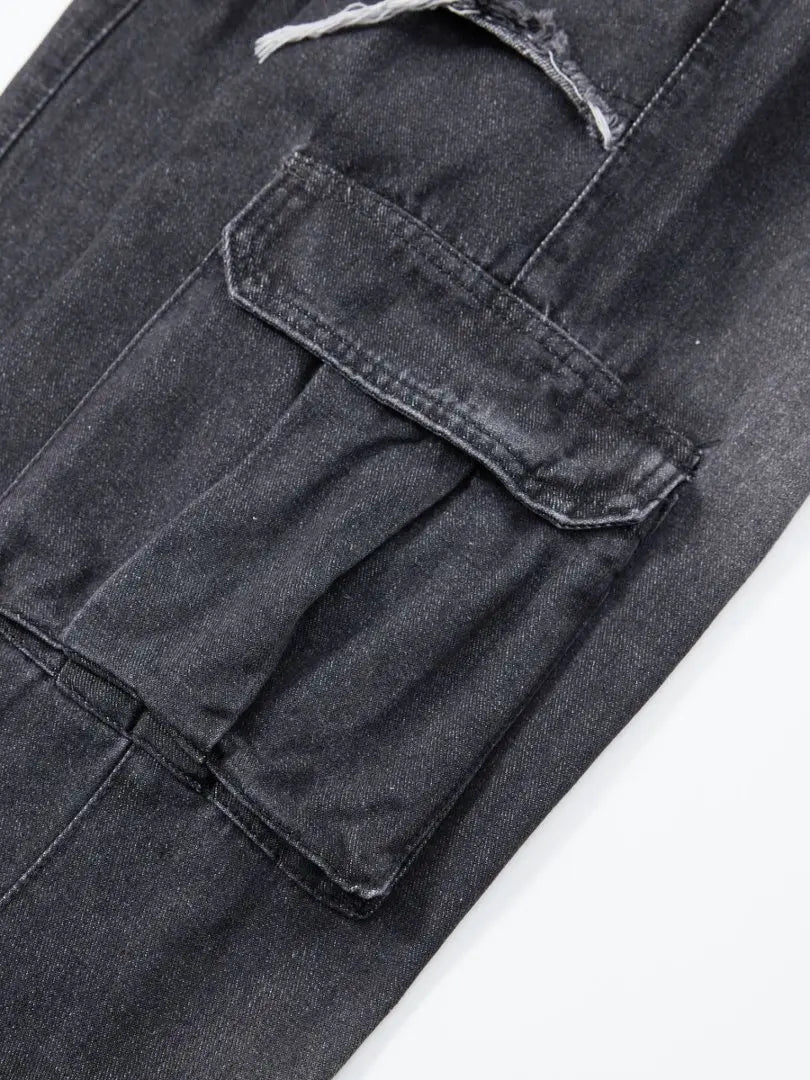 Dark style irregular frayed ripped jeans, men's multi-pocket design, loose drape wide-leg trendy brand long pants