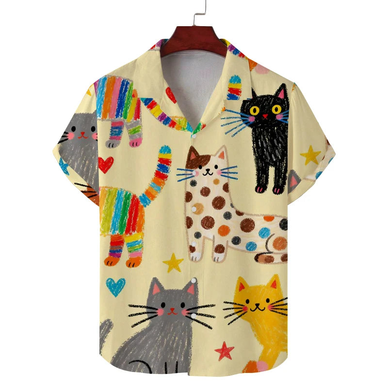 New summer shirt for men short sleeves men's cat pattern casual commuting fashion all-match personality breathable