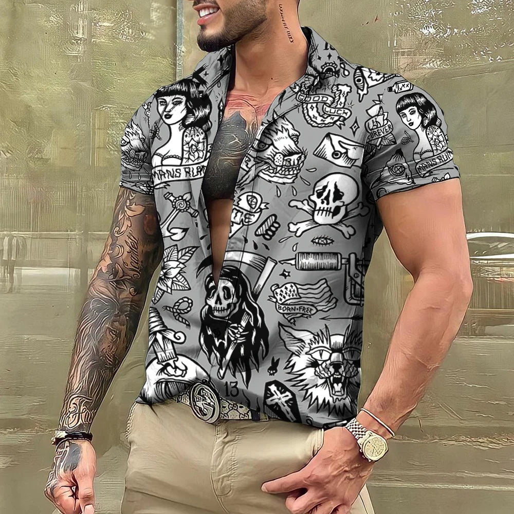 Summer Tattoo Shirt Hawaiian Shirts For Men Brand Short Sleeve Tops Tees Casual Men's Blouse Fashion Camisas De Hombre Clothing