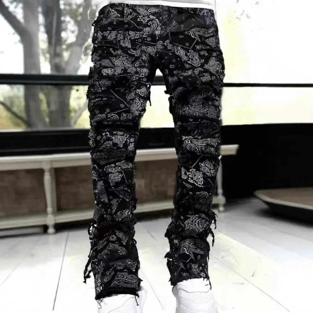 Punk Street Style Ripped Skinny Jeans Men Vintage Wash Solid Denim Trouser Mens Casual Slim Fit Pencil Denim Holes Pants 2024
