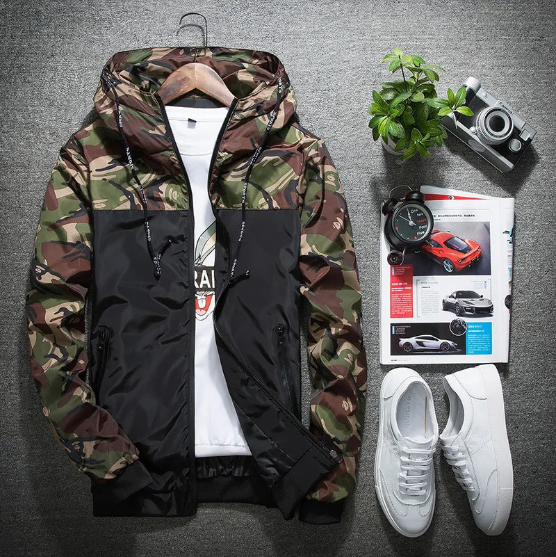 New Men's Camouflage Hooded Jacket Coat Fashion Patchwork Loose Casual Thin Coats Outdoor Windproof Hoodies Sport Jacket for Men