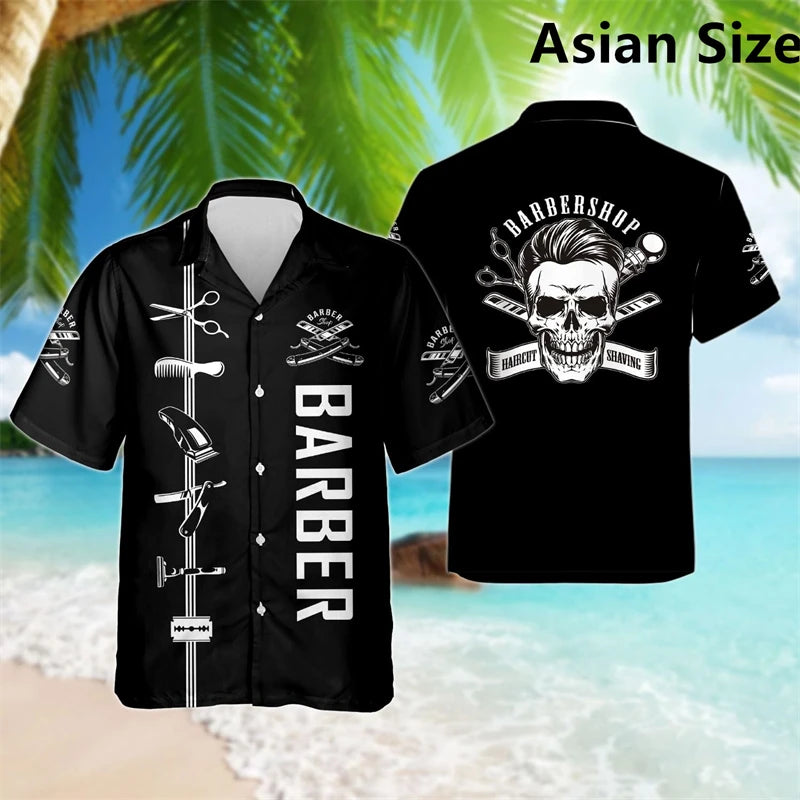 Simple Fashion Barber Graphic Shirts Summer Trend Short Sleeve 3D Print Lapel Workwear Shirt Casual Breathable Loose Unisex Tops
