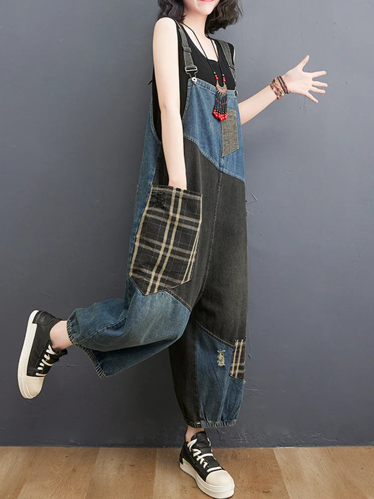 Amax luluE Korean Fall Jeans Womens Plaid Ripped Denim Overalls Ladies Vintage Punk Loose Pants Luxury Classic Casual Trousers