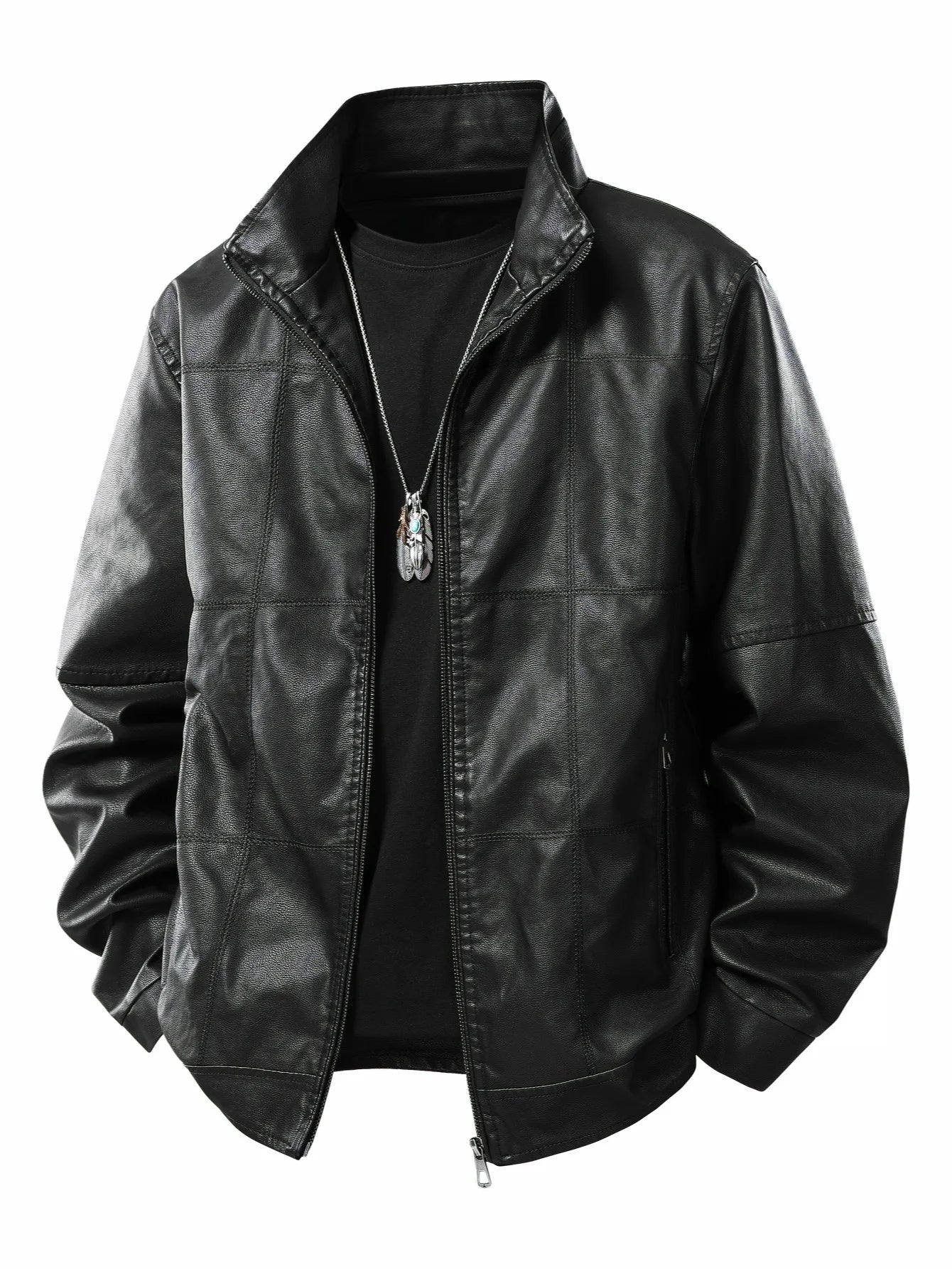 KingStyle Men's Stand-Up Collar Leather Jacket