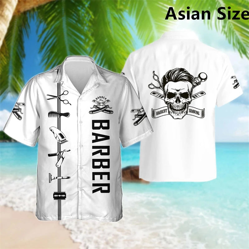 Simple Fashion Barber Graphic Shirts Summer Trend Short Sleeve 3D Print Lapel Workwear Shirt Casual Breathable Loose Unisex Tops