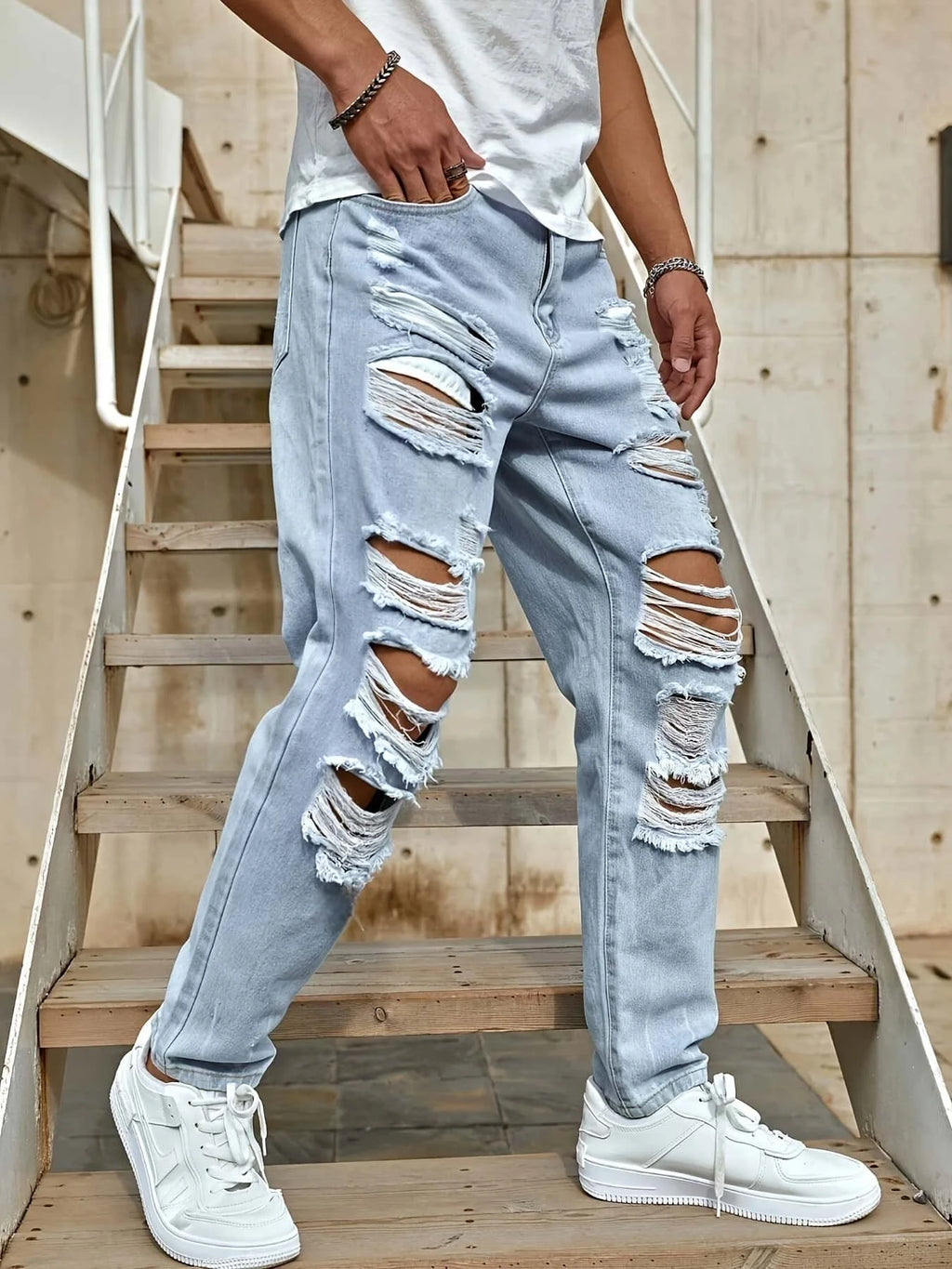 Men's Ripped Non-Stretch Jeans - Distressed Streetwear Loose Fit Denim, Hip-hop Style Regular Length All-Season Comfort