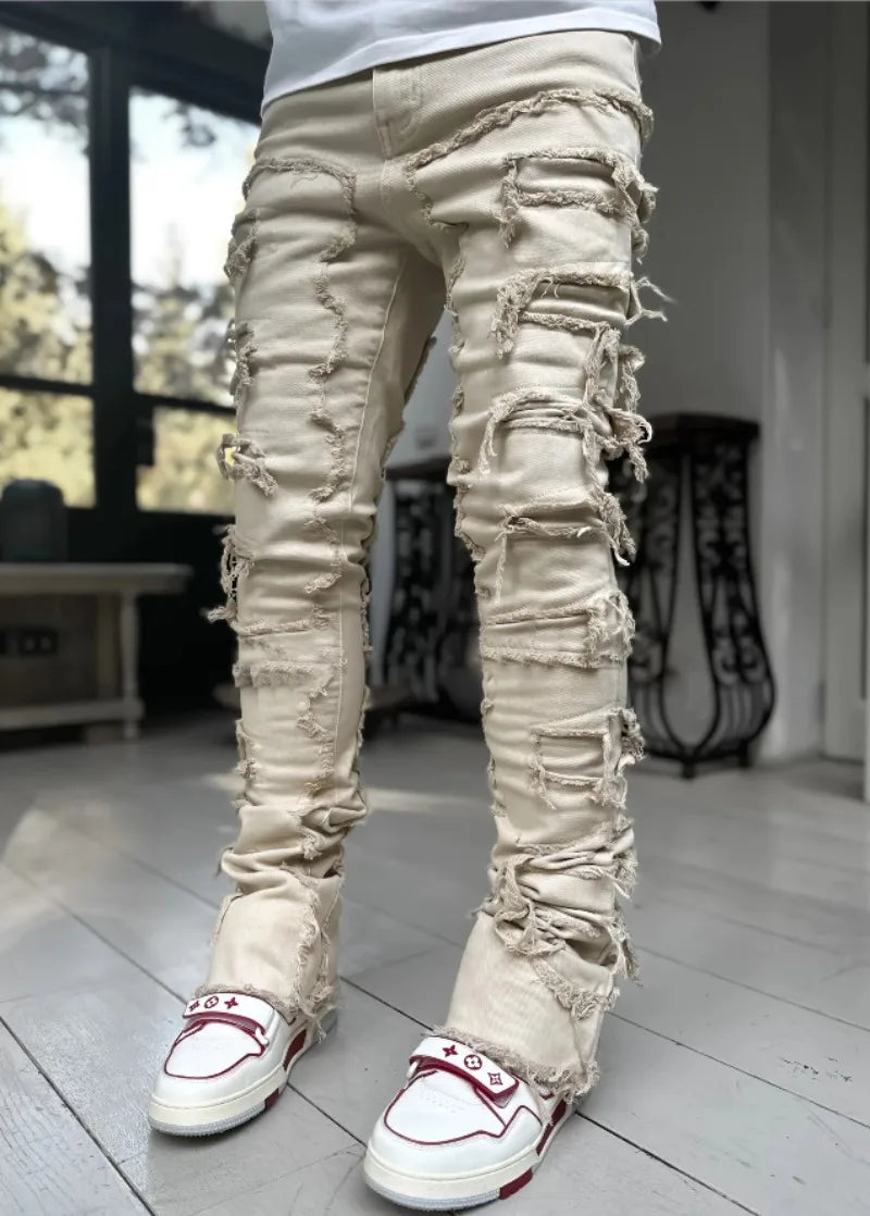 Punk Street Style Ripped Skinny Jeans Men Vintage Wash Solid Denim Trouser Mens Casual Slim Fit Pencil Denim Holes Pants 2024