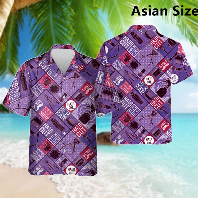 Simple Fashion Barber Graphic Shirts Summer Trend Short Sleeve 3D Print Lapel Workwear Shirt Casual Breathable Loose Unisex Tops