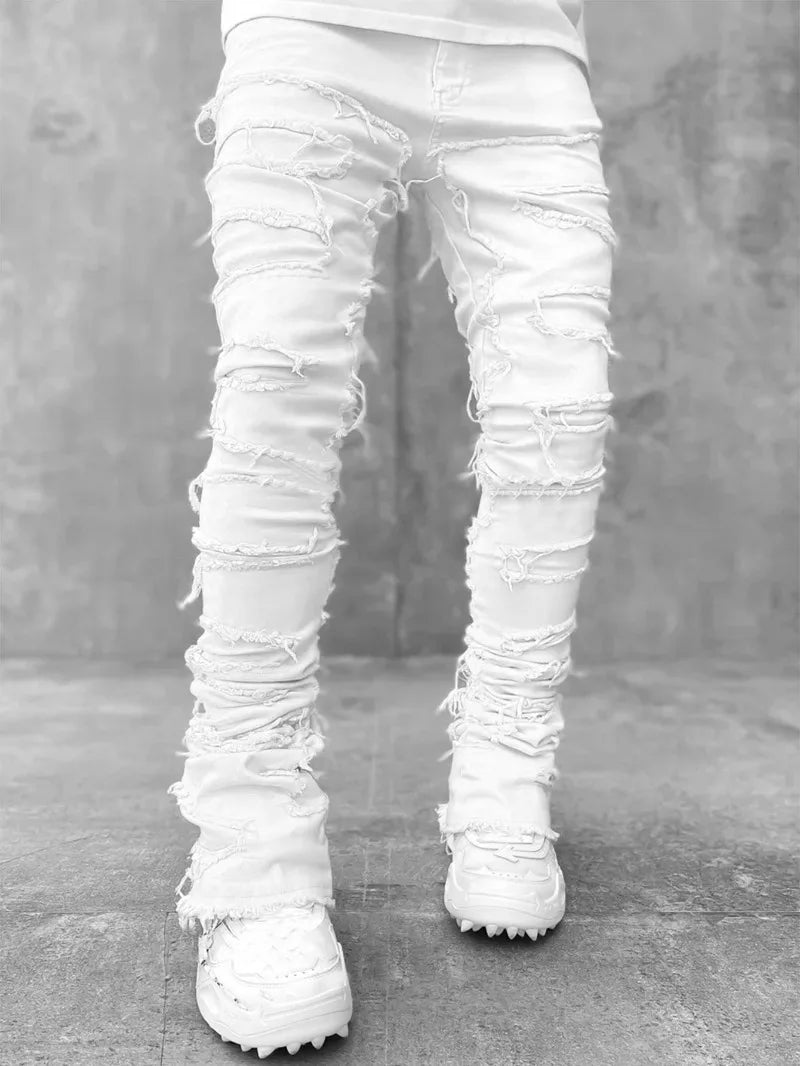 Punk Street Style Ripped Skinny Jeans Men Vintage Wash Solid Denim Trouser Mens Casual Slim Fit Pencil Denim Holes Pants 2024