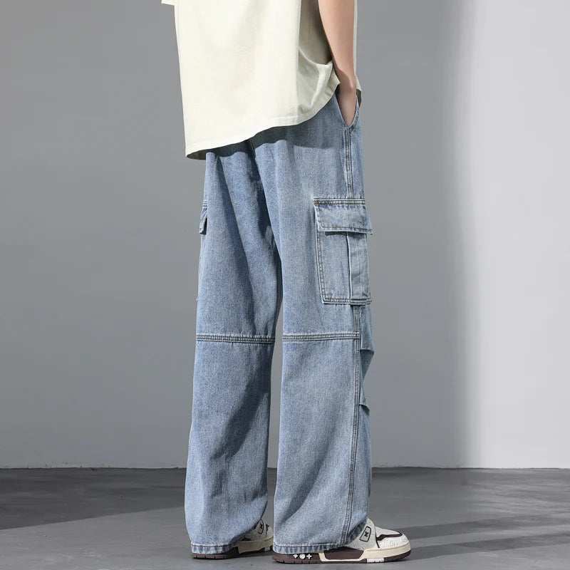 Large Pocket Baggy Solid Jeans Men's 2026 New Spring Classic Straight Denim Trousers Street Y2K Elastic Waist Casual Cargo Pants