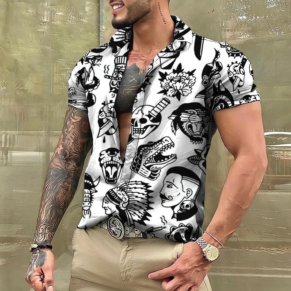 Summer Tattoo Shirt Hawaiian Shirts For Men Brand Short Sleeve Tops Tees Casual Men's Blouse Fashion Camisas De Hombre Clothing