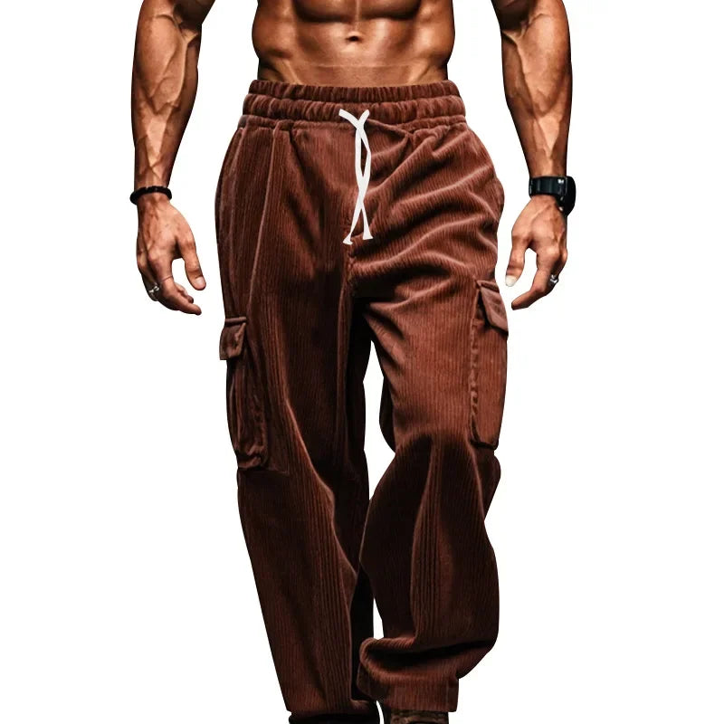 2024 new corduroy men's retro American loose tooling multi-pocket straight casual trousers