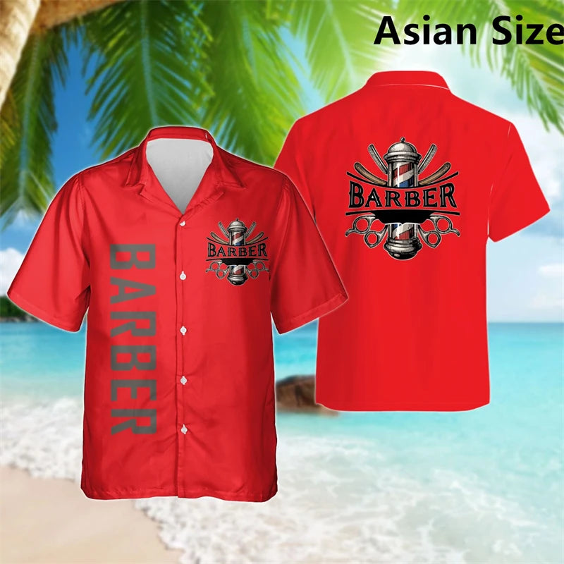 Simple Fashion Barber Graphic Shirts Summer Trend Short Sleeve 3D Print Lapel Workwear Shirt Casual Breathable Loose Unisex Tops