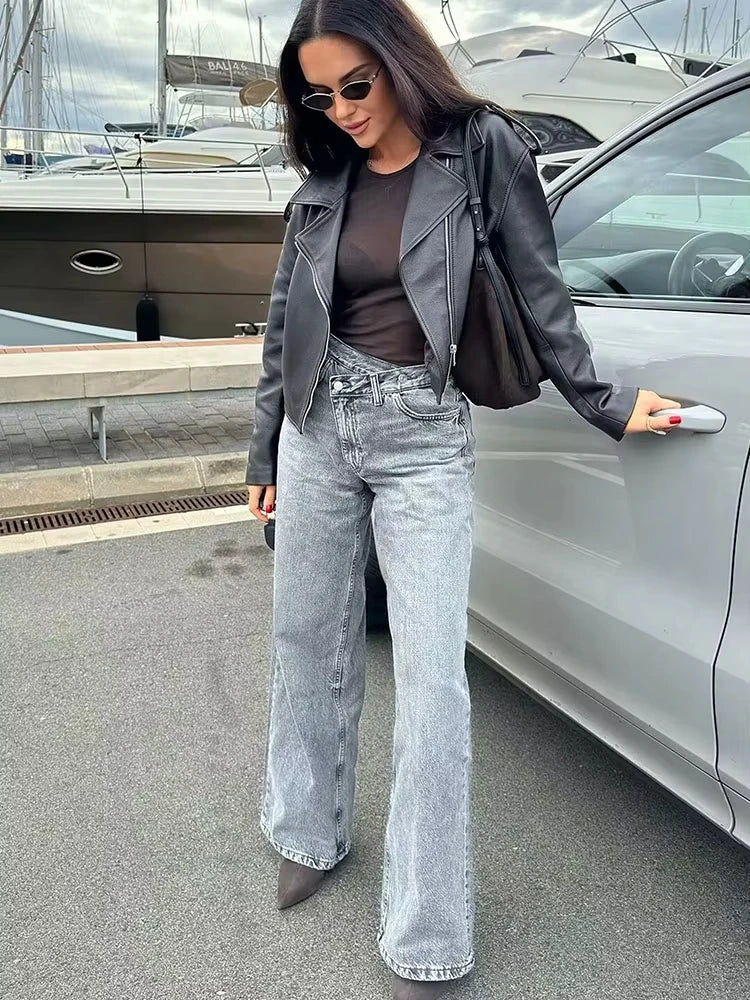 HH Women Elegant Fashion Straight Jeans Vintage Casual High Waist Wide Leg Denim Pants Y2K High Street Lady Trousers Blue Jeans