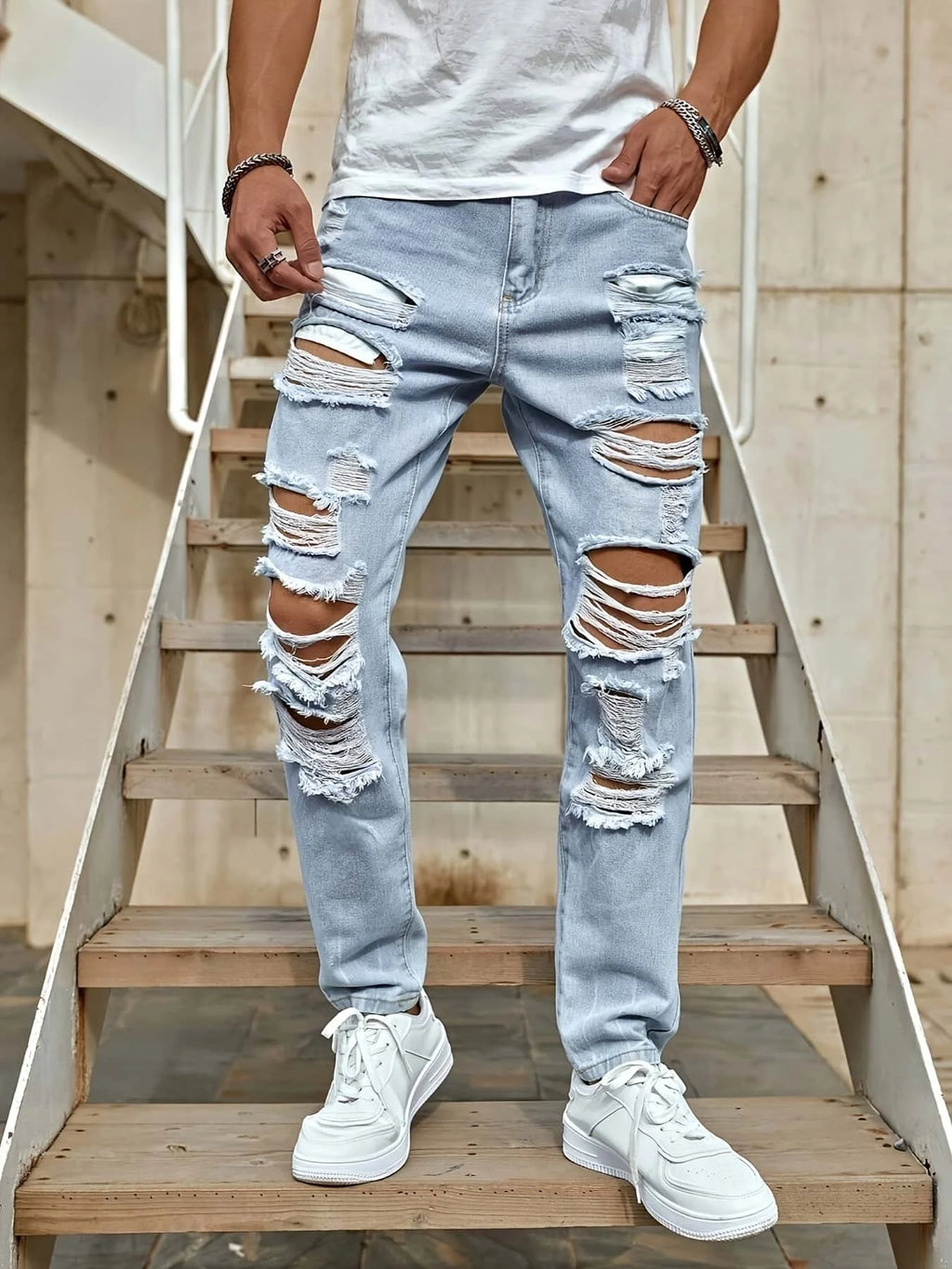 Men's Ripped Non-Stretch Jeans - Distressed Streetwear Loose Fit Denim, Hip-hop Style Regular Length All-Season Comfort