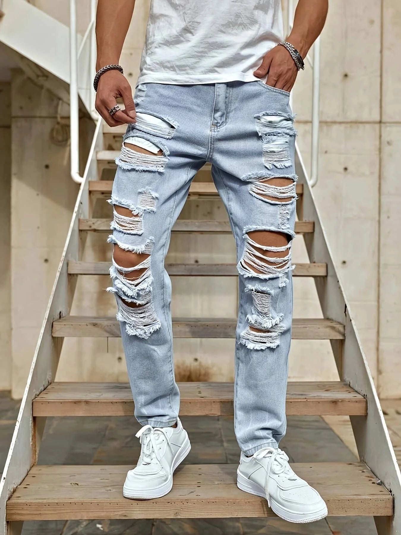 Men's Ripped Non-Stretch Jeans - Distressed Streetwear Loose Fit Denim, Hip-hop Style Regular Length All-Season Comfort