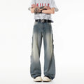 Men's Jeans Vintage Wash Distressed Ripped Jeans Loose Straight Leg Pants Elastic Waist Streetwear Destroyed Side Fringe Details