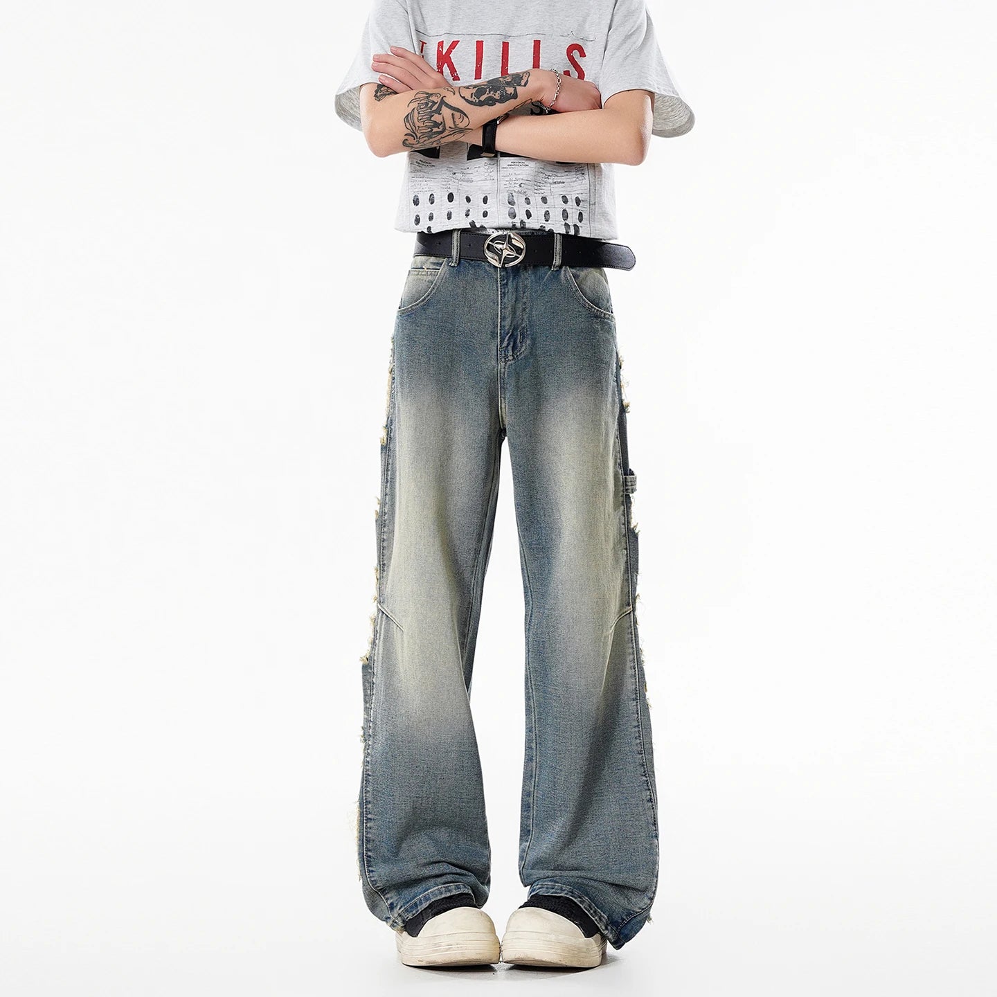 Men's Jeans Vintage Wash Distressed Ripped Jeans Loose Straight Leg Pants Elastic Waist Streetwear Destroyed Side Fringe Details